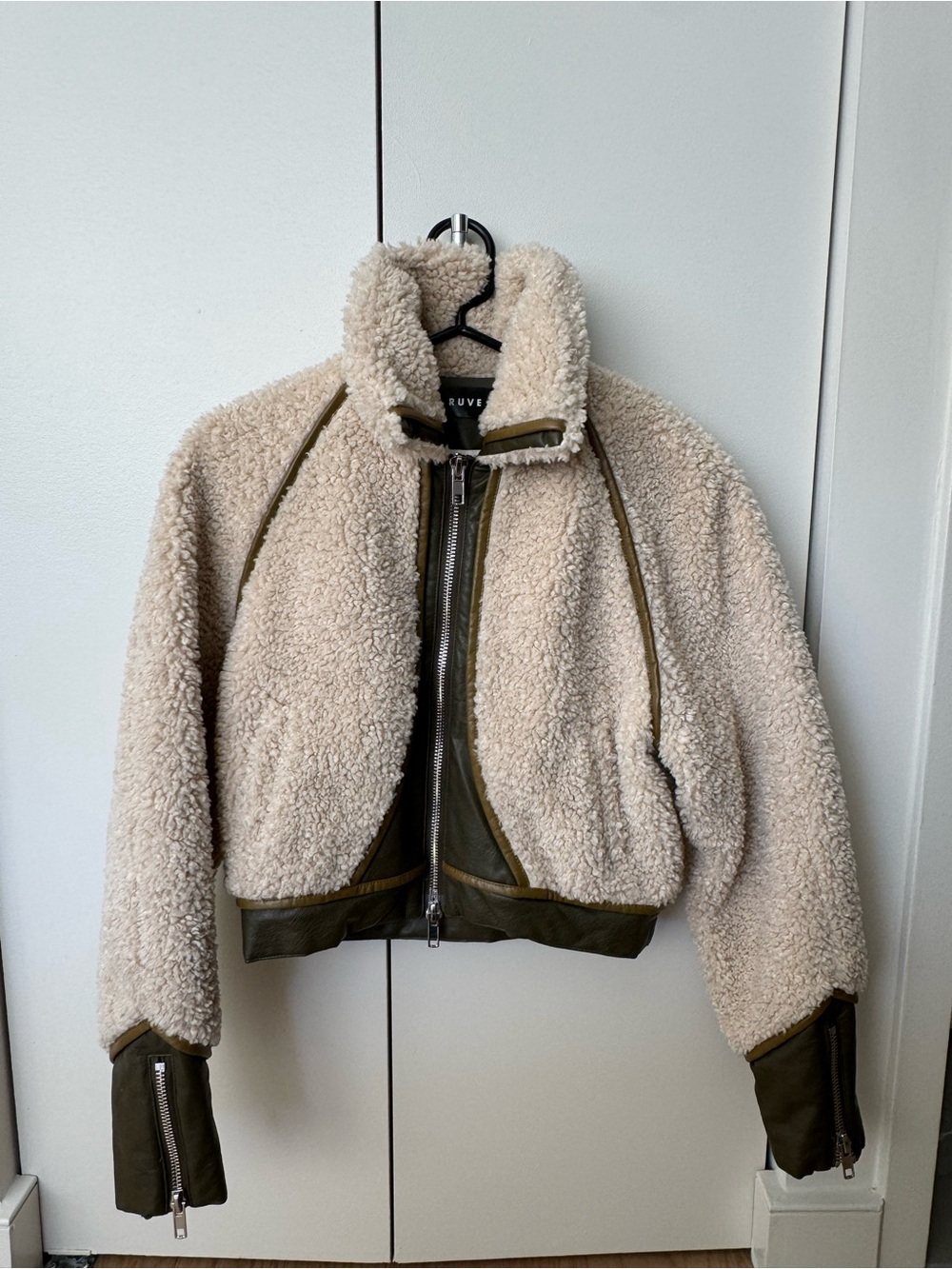 Ruve - Teddy Shearling Bomber Jacket in Cream with Olive Leather Trim